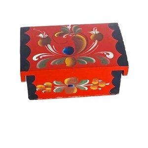 Vintage Folk Art Norwegian Hand Painted Toll Wood Box Lid Boho Scandinavian